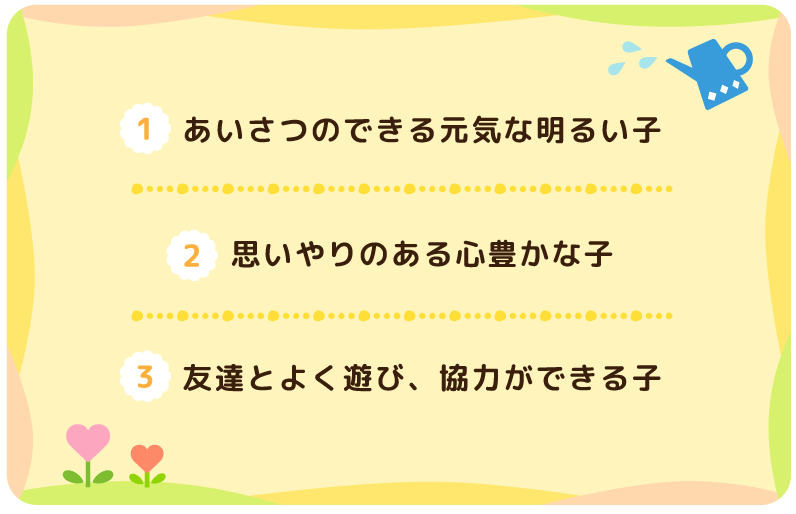 1.あいさつのできる元気な明るい子　2.思いやりのある心豊かな子　3.友達とよく遊び、協力ができる子
